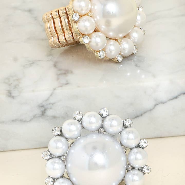 SP Sophia Collection - Wholesale Cocktail/Statement Ring - Vintage Crystal & Pearl Statement Stretch Ring1