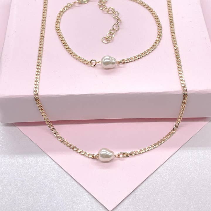 Milie - Vendita all'ingrosso Parure di gioielli - Catena a maglia cubana 18k GF, girocollo di perle e braccialetto