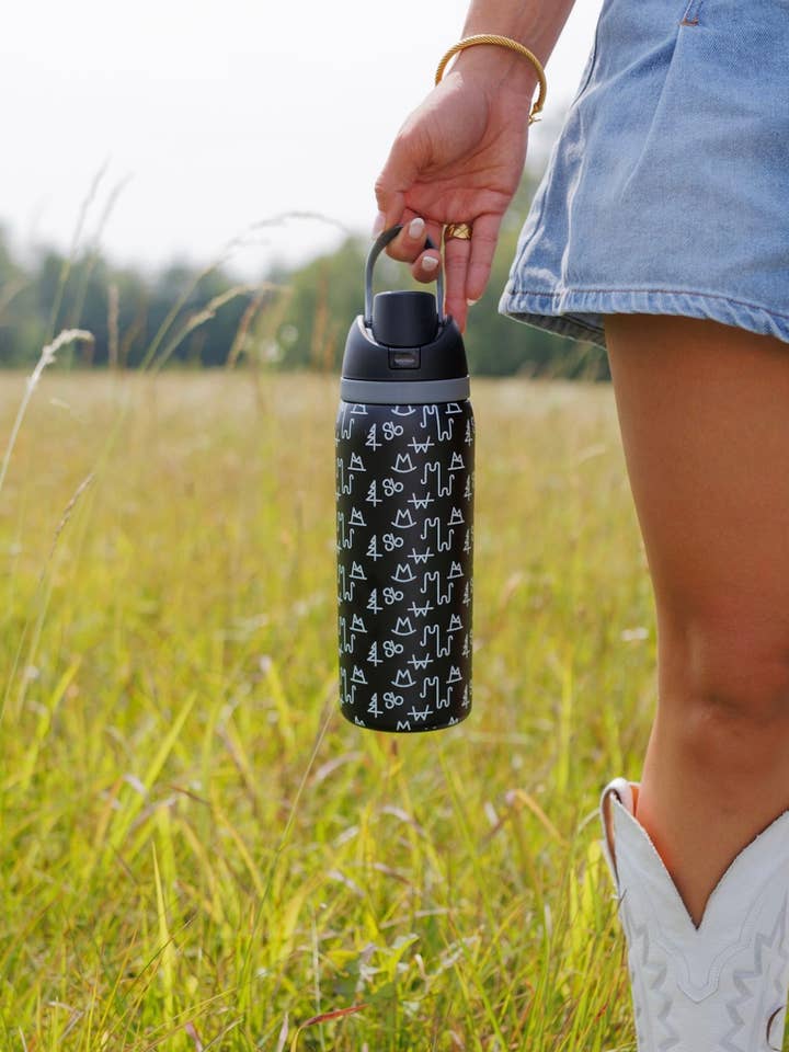Black Brand Stainless Steel Water Bottle for wholesale by The Front Porch Label