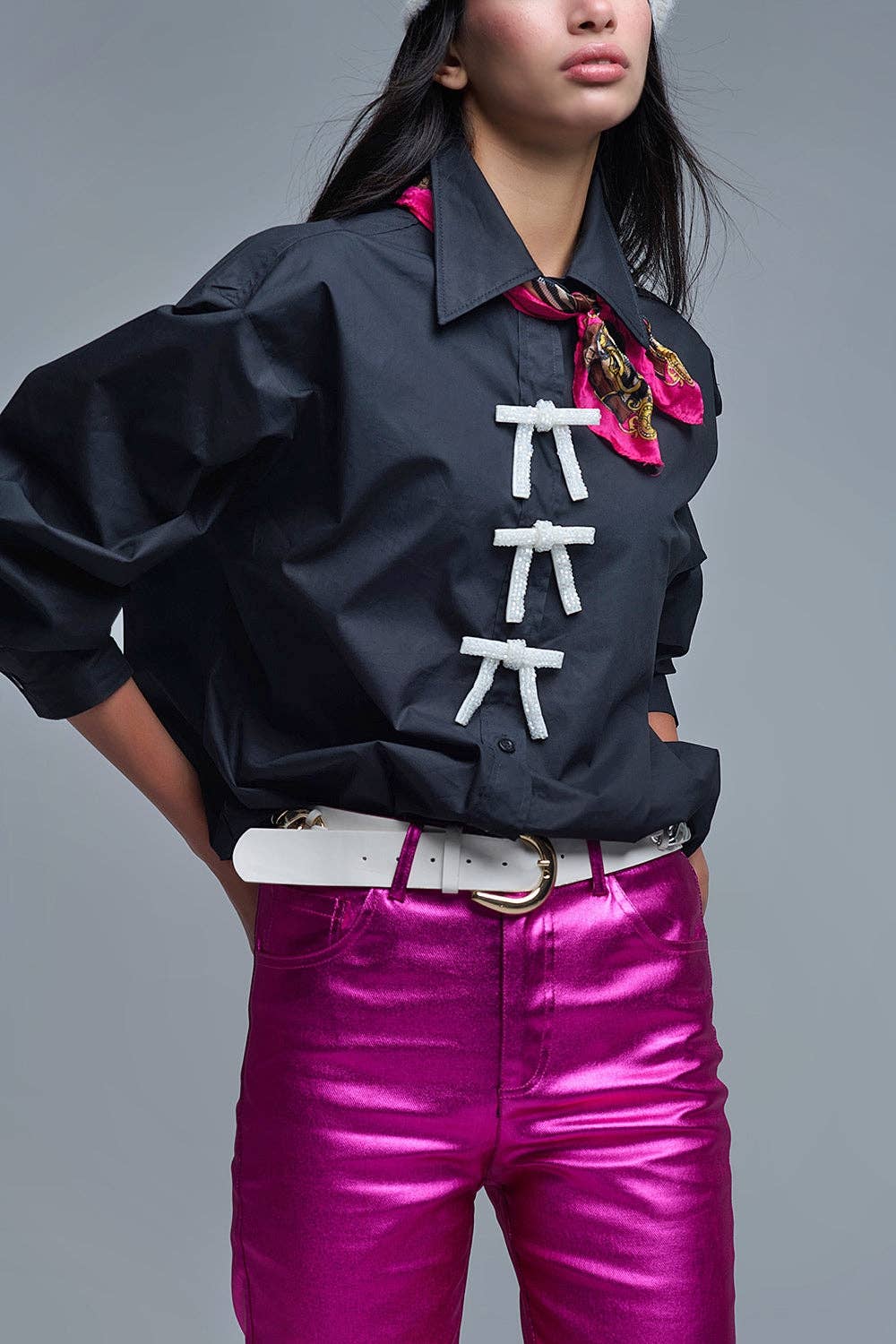 Black Oversized Poplin Shirt With White Beaded Bow Buttons for wholesale on Faire3