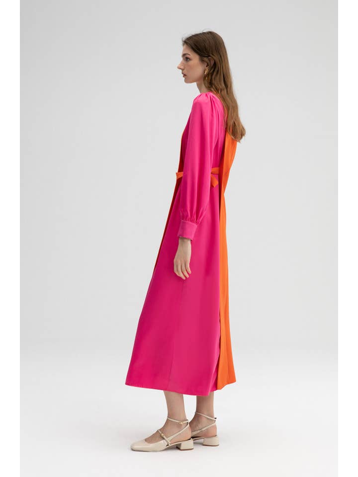 Orange COLORBLOCK SIDE-TIE LONG SLEEVE MIDI DRESS for wholesale on Faire