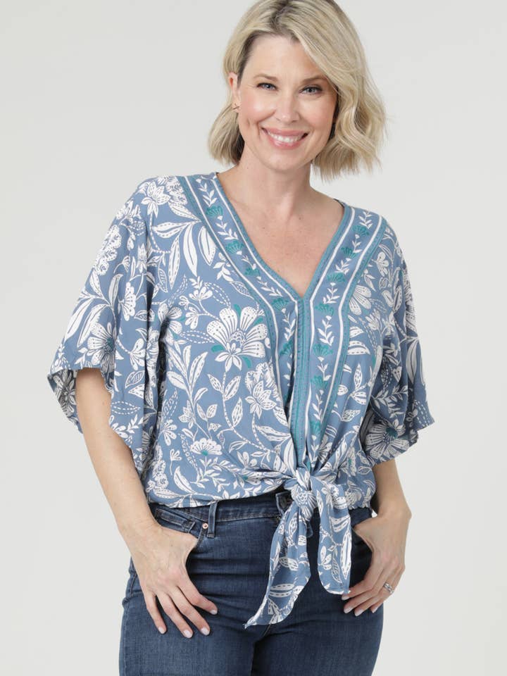 N2Q81-A914 V NECK TIE FRONT KIMONO SLEEVE PRINTED TOP for wholesale by Nostalgia