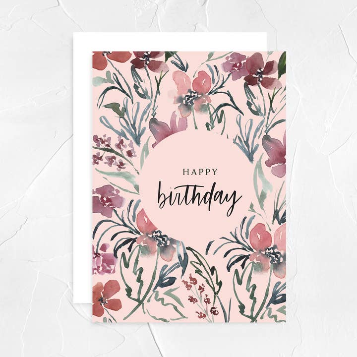 Purple Floral Happy Birthday Greeting Card for wholesale by Haley Elizabeth Design