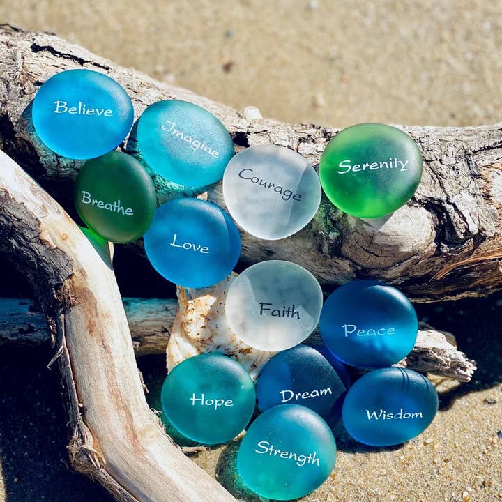 SHOPGIVECOURAGE - Wholesale Spiritual Stone/Crystal - Sea Stones -Imprinted Glass Word Stones (30) in Bowl Display