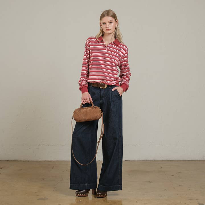 RAISONNEL - Wholesale Polo - Women's - Striped Polo Long Sleeve – Burgundy & Navy - RTK10084