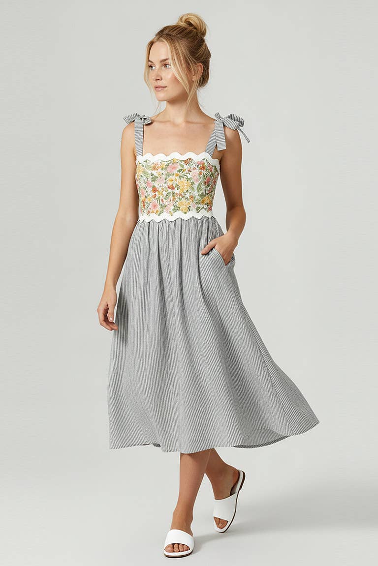 Kori America - Wholesale Jurk - Dames - Schouderband Ric Rac Bloemenstreep Midi Jurk3