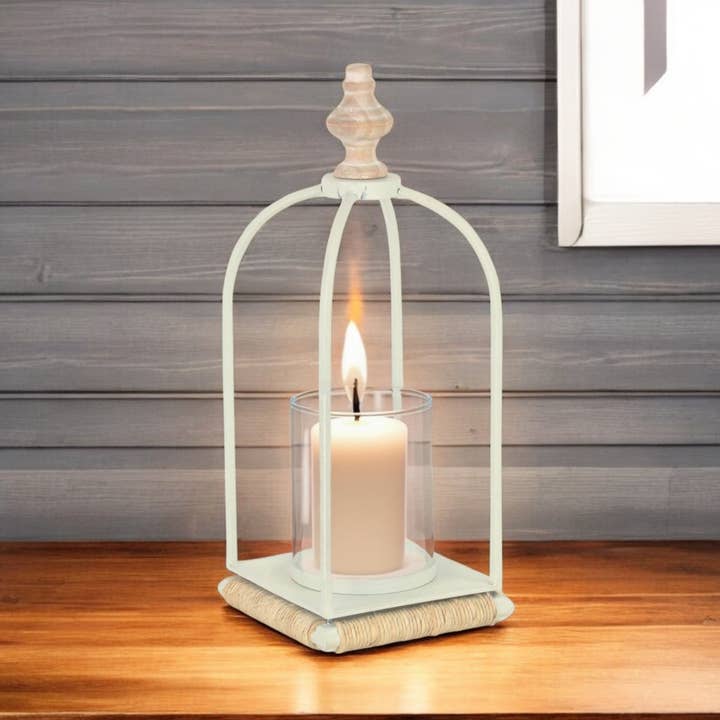 14" Witte Metalen Met Hout En Touw Lantaarn Kaarsenhouder voor wholesale door HomeRoots