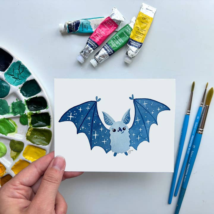 Tarjeta de Felicitación de Murciélagos Galácticos – Tarjeta de Halloween de Cueva para venta al por mayor de Owlfeathers Watercolor
