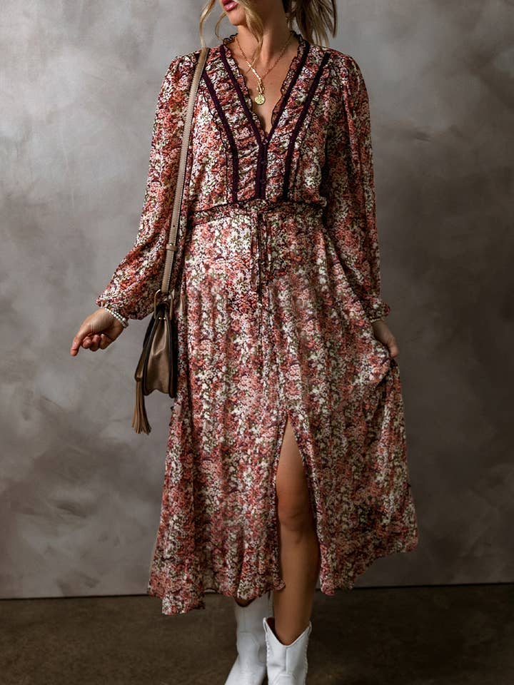 Brown Floral Print Split Front Tiered Frilled V Neck Midi Dress for wholesale by Lovesoft