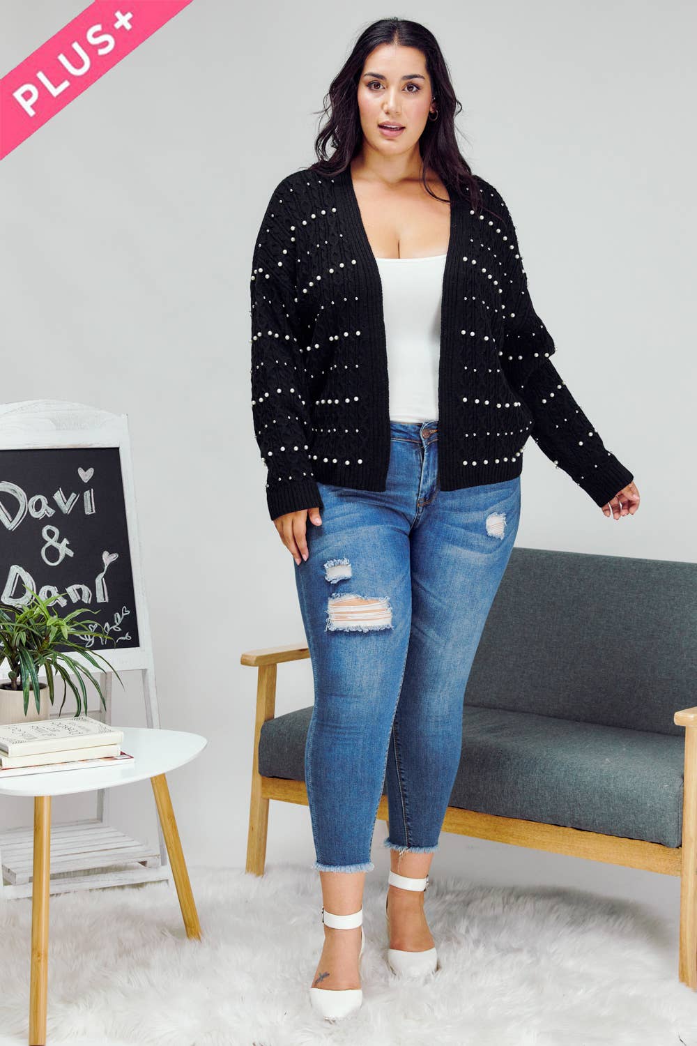 Davi & Dani - Wholesale Cardigan - Women's - PLUS PRINTED LONG SLEEVE CARDIGAN