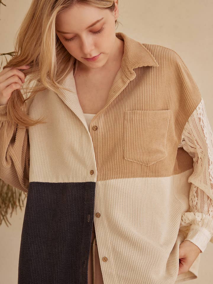 Multi Beige Color Block Corduroy Shirt with Lace Detail for wholesale on Faire4
