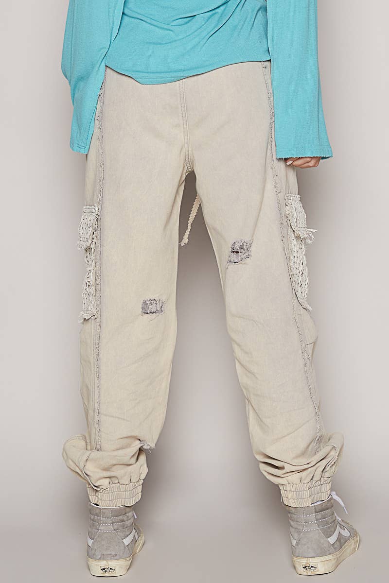 Pol Clothing - Wholesale Jeans - Women's - Tie waistband contrast crochet cargo pockets denim joggers8