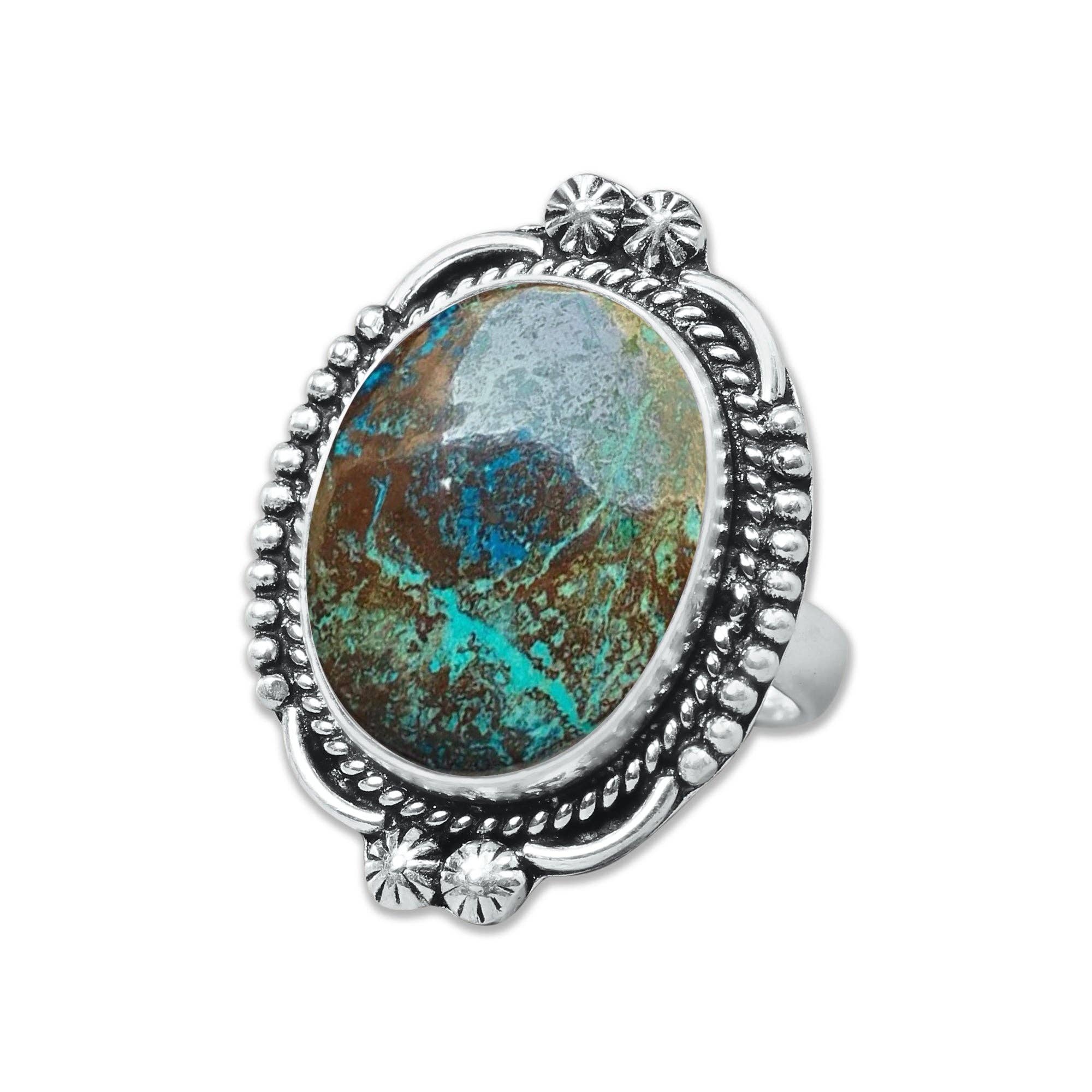 Handmade Jewels – wholesale Cocktail/Statement Ring – Chrysocolla-ringar – Silverpläterade, Handgjorda, Jordnära Havsgröna (US Storlekar 6–10, Tillverkade på Beställning)5