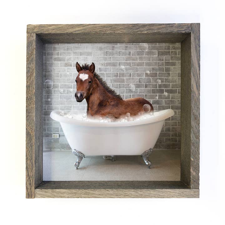 Hangout Home - Wholesale Bathroom Sign - Horse in a Bathtub Funny Bathroom Greywash Wood Frame