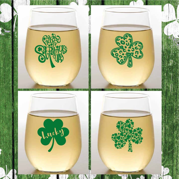 SHAMROCKS Tritan Plastic 16 oz Stemless Wine Tumblers USA for wholesale by Wine-Oh!
