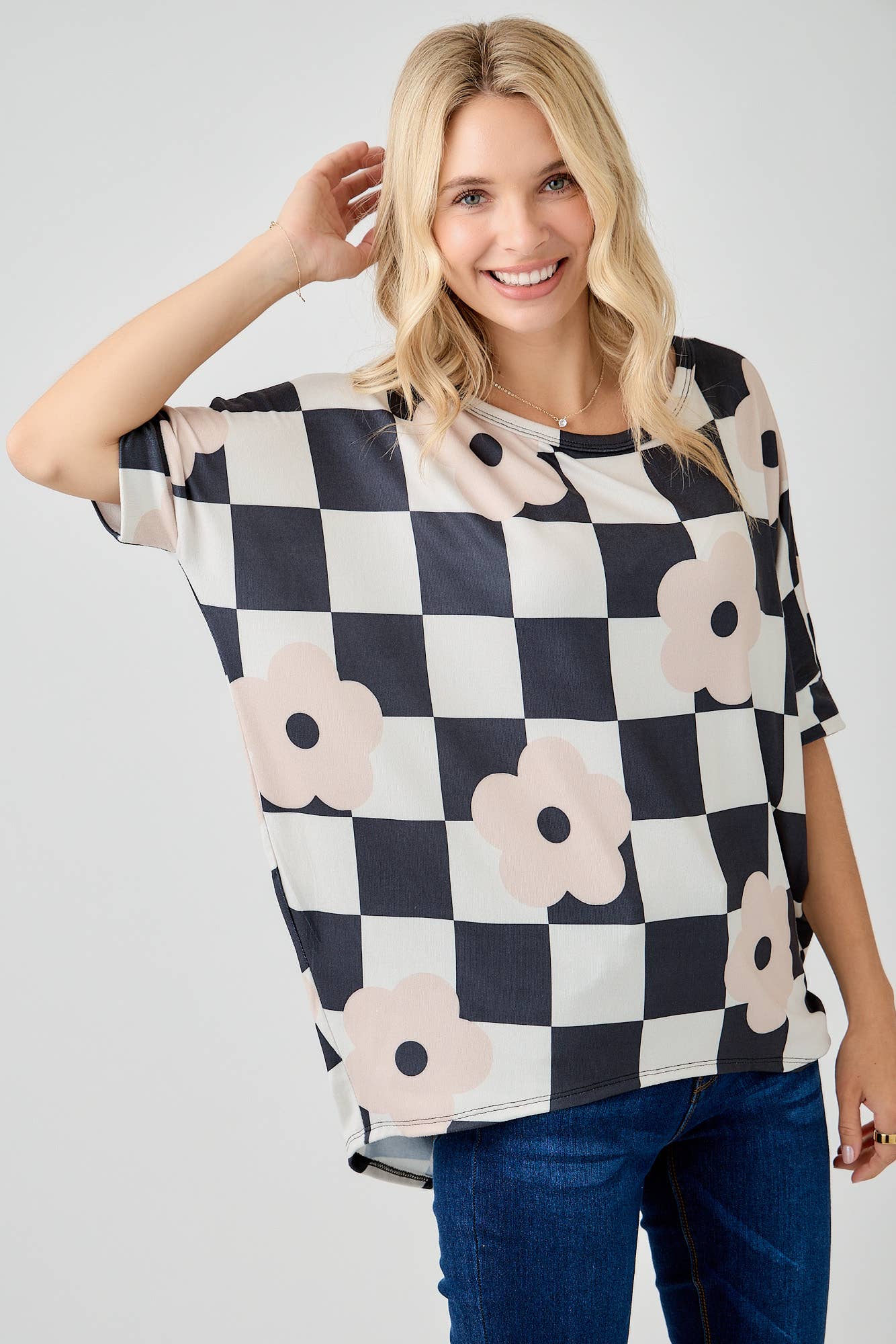 Celeste Clothing - Wholesale Tunic - Women's - WOMEN'S PLUS SIZE CHECKERED FLORAL TOP WITH HIGH-LOW HEM  
6