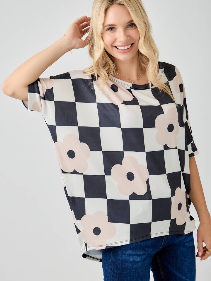 Celeste Clothing - Wholesale Tunic - Women's - WOMEN'S PLUS SIZE CHECKERED FLORAL TOP WITH HIGH-LOW HEM
6