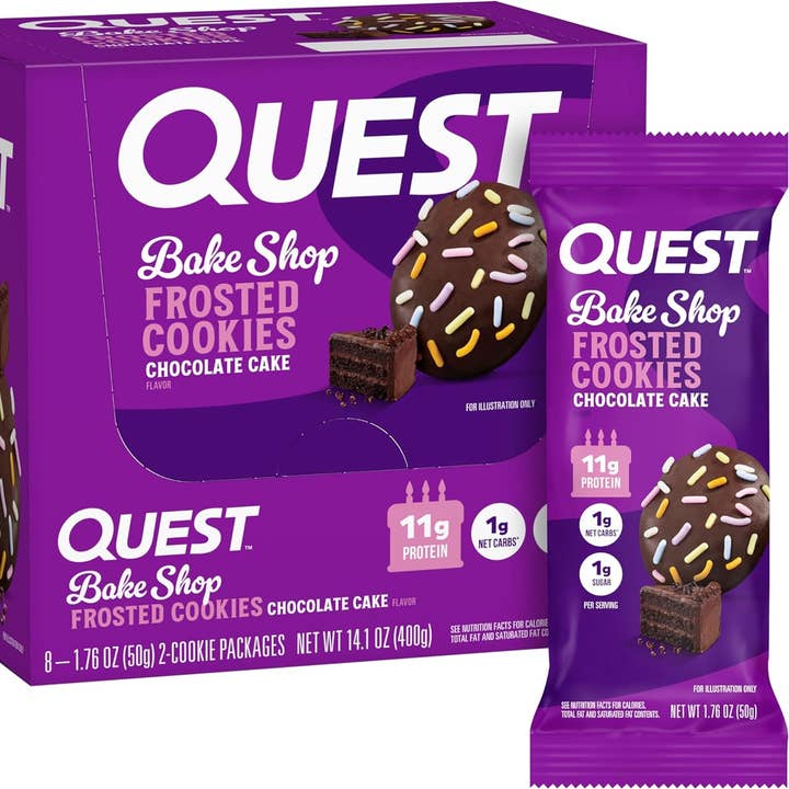 Quest BakeShop Frosted Cookies Chocolate Cake 1.76oz 8 count for wholesale by Snacky Candy