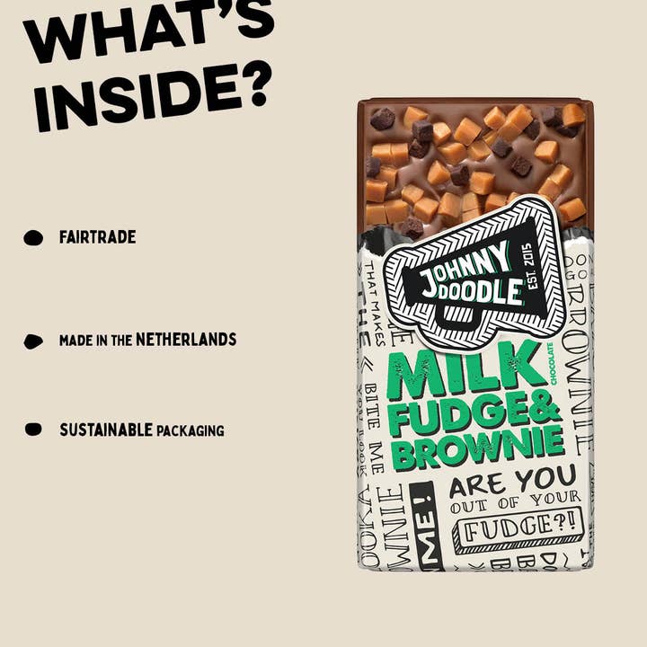 VS Food Online - Johnny Doodle - Wholesale Chocoladereep - Milk Chocolate Fudge & Brownie - Johnny Doodle - Fairtrade
