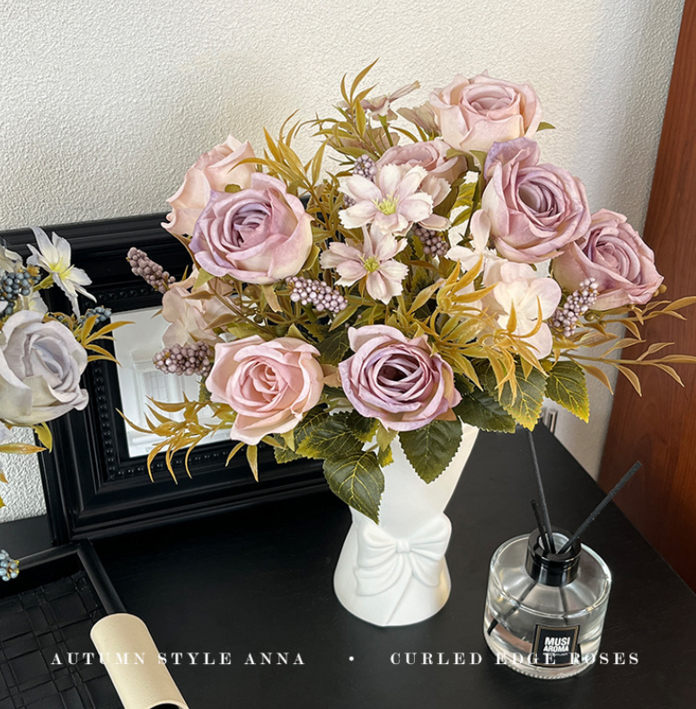 Sweet Home Deco – Engroshandel Kunstige blomster – 13'' lang buket med blandede blomster i silke, roser/margeritter i efterårsfarver7