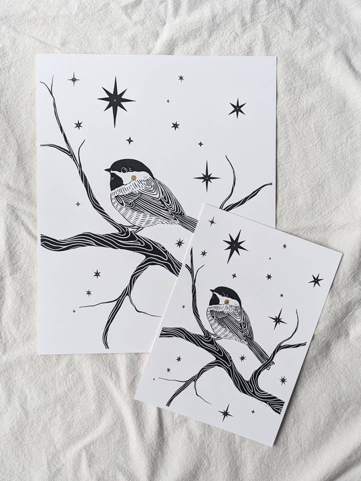"Celestial Chickadee" Illustration Print for wholesale by Moth Folk Studio