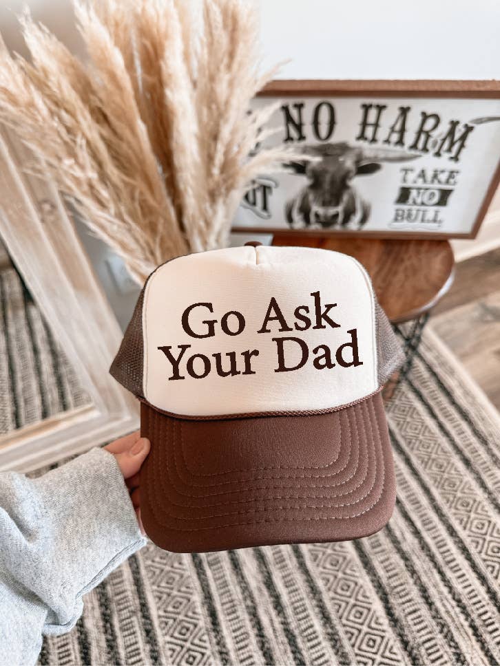 Southern Attitude Designs Inc - Wholesale Trucker Hat - Women's - Go Ask Your Dad Brown & Tan Trucker Hat/Brown Ink