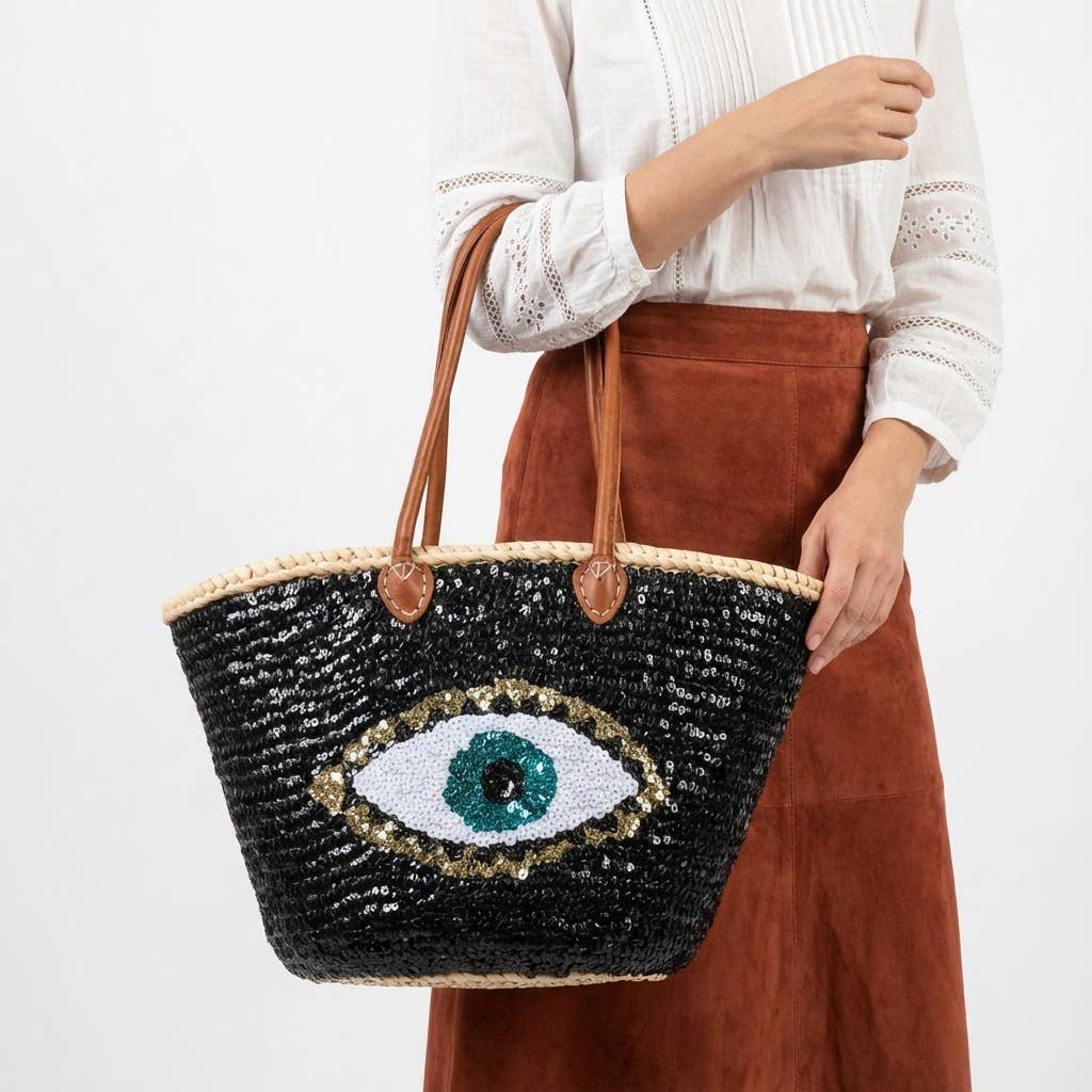 Melecraft - Vente Sac de plage - Sac fourre-tout en paille à sequins œil maléfique - Noir bohème plage3