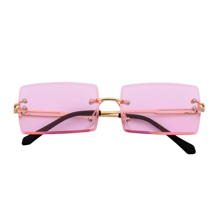 PREMIERE - Lunettes de soleil rectangulaires sans monture en métal de luxe des années 90 avec teinte rose dorée pour la vente par Morspecs