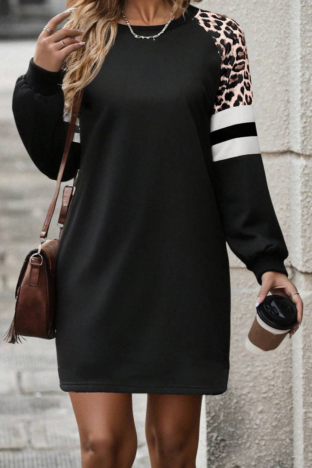 Black Leopard Print Patchwork Varsity Raglan Sleeve Sweatshirt Dress for wholesale on Faire3