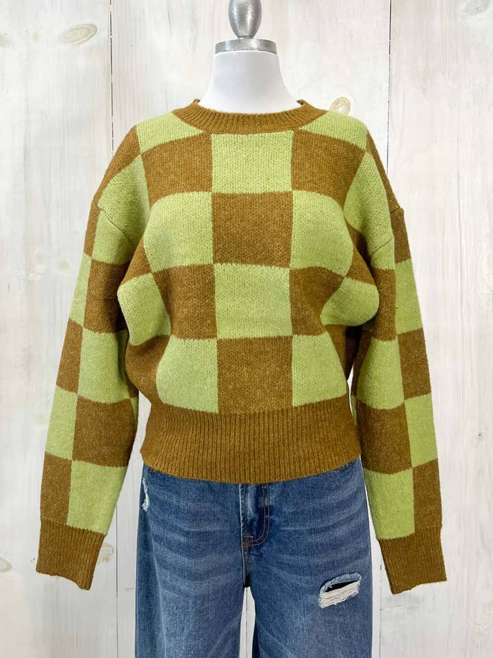 Retro Checkerboard Soft Knit Crew Neck Cropped Pullover Sweater for wholesale by Tasha Apparel Wholesale