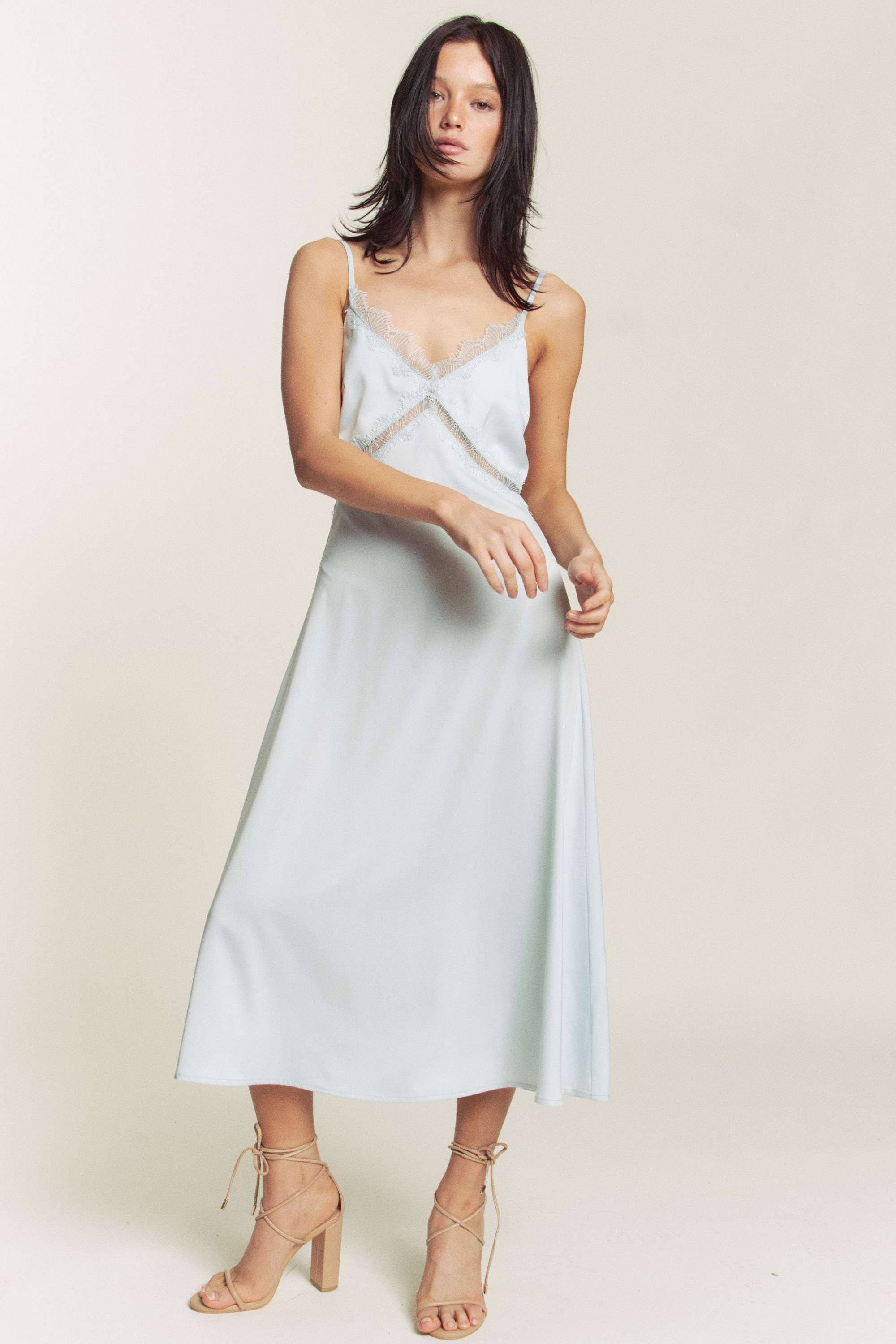 Hers & Mine - Wholesale Dress - Women's - SATIN SPAGHETTI STRAP X LACE TRIM MIDI DRESS16