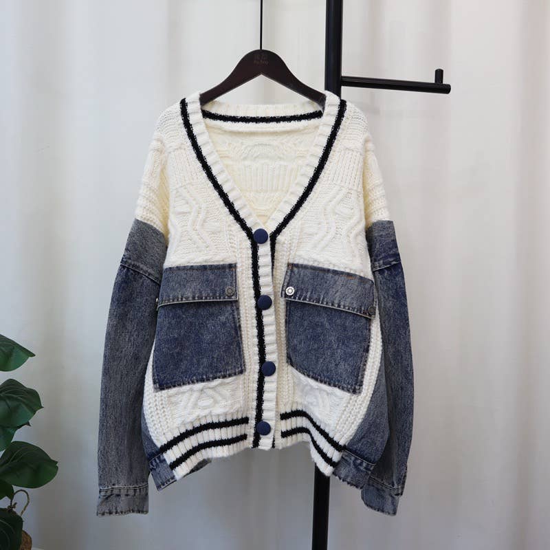 Productseeker - Wholesale Cardigan - Women's - JP26 2025 Autumn Denim Patchwork Knit Cardigan Jacket0