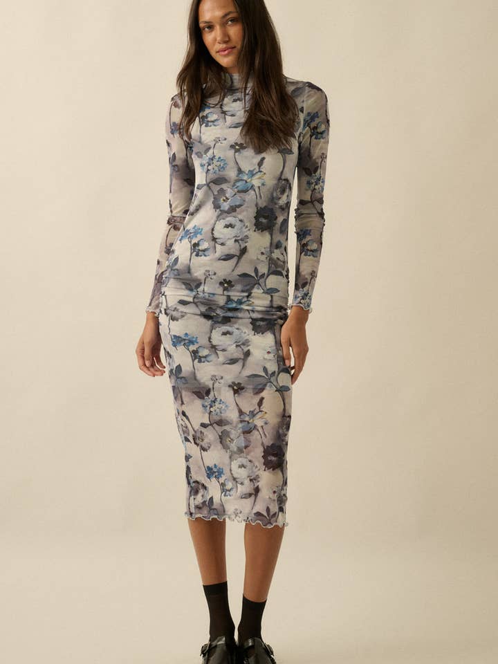 Floral-Print Mesh Mock-Neck Long-Sleeve Midi Dress for wholesale by Promesa USA