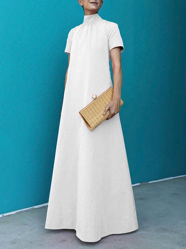 FurDecoration - Wholesale Dress - Women's - Relaxed Fit Short Sleeve Solid High-Neck Maxi Dress2