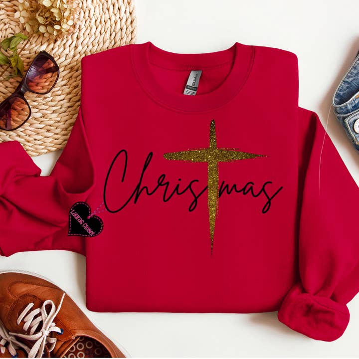 Lauras Closet - Wholesale Graphic Sweatshirt - Women's - Christmas with Gold Cross