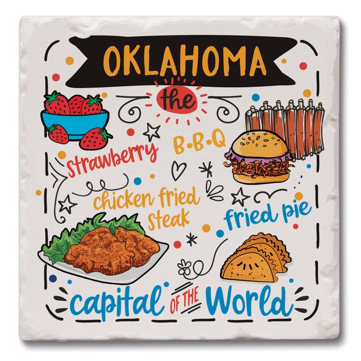 "Oklahoma Favorite Foods" 4 Pack Tumbled Tile Coaster Set for wholesale by Conimar Promotions