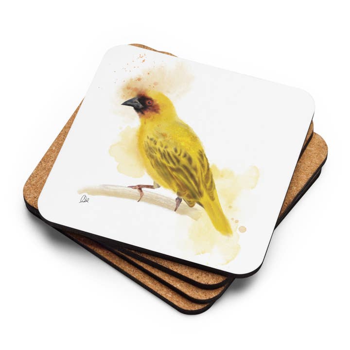 Ruppelle's Weaver Bird Watercolor Cork-back coaster for wholesale by The Shamal