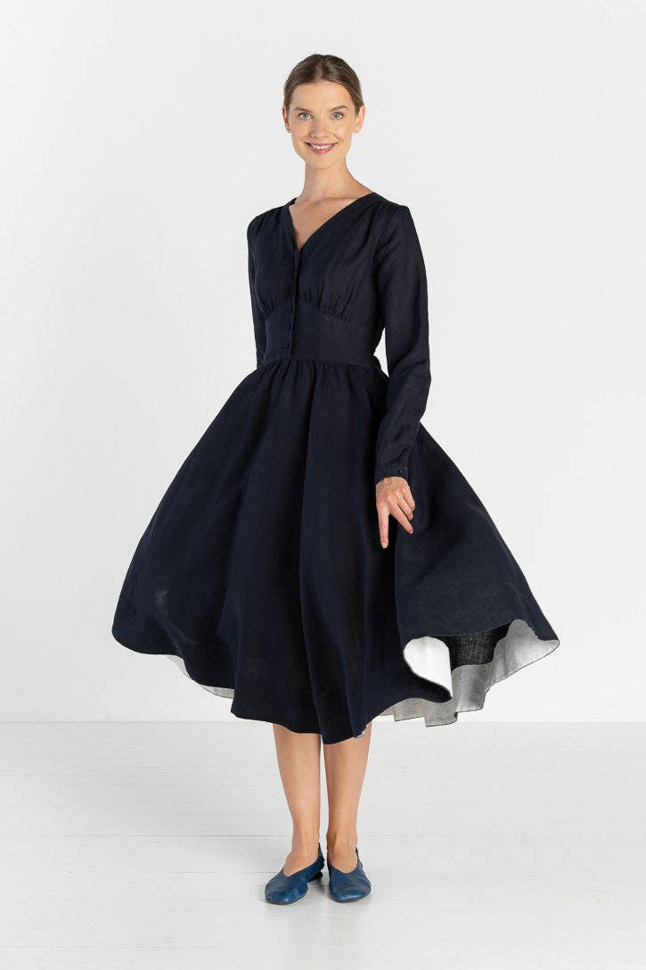 Son de Flor – Großhandel Kleid – Damen – Diane – Leinen-Midikleid mit V-Ausschnitt2