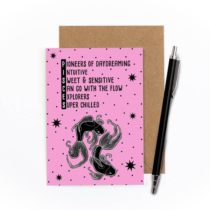 Pisces Zodiac Greetings Card for wholesale by Amy Illustrates