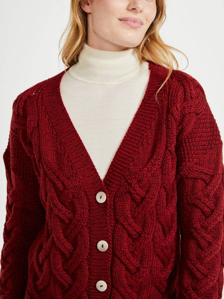 Downpatrick Ladies Aran Cardigan - Rua Red for wholesale by Aran Woollen Mills