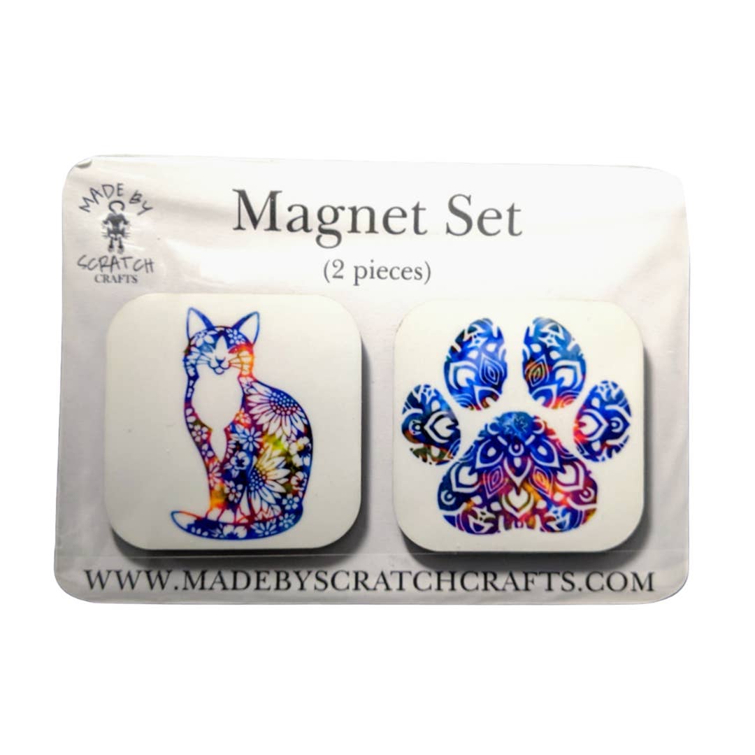 Made By Scratch Crafts - Wholesale Magnet - Colorful Cat & Paw Print 2-piece magnet set