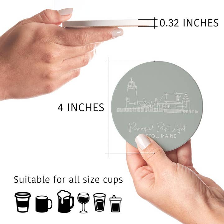 Love Local - Wholesale Coasters - Pemaquid Point Light Muted Coastal | Absorbent Coasters | Set of 4 | Min 25