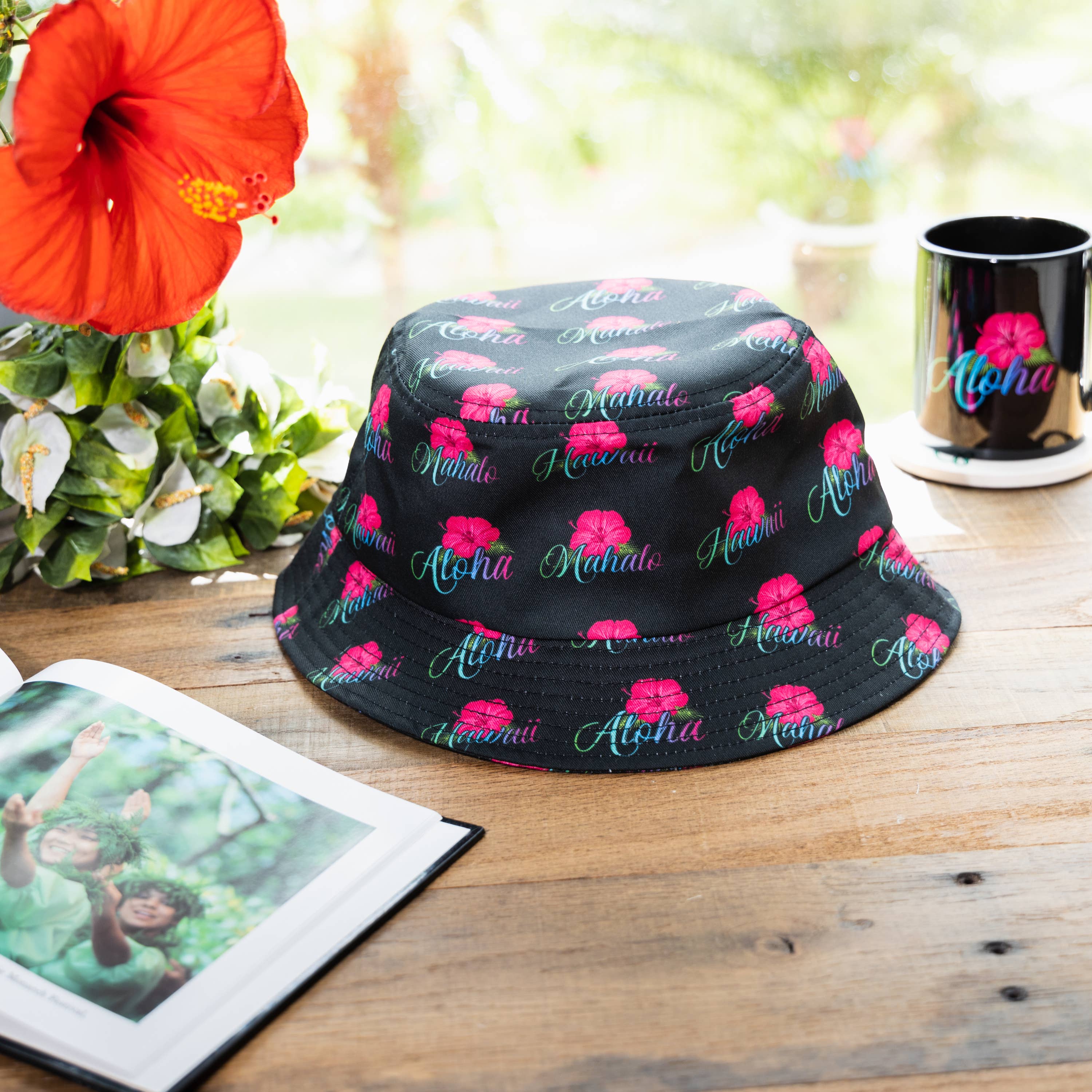 Aloha Designs - Wholesale Bucket Hat - Women's - Hawaiian Hibiscus Bucket Hat with Colorful Aloha, Mahalo1