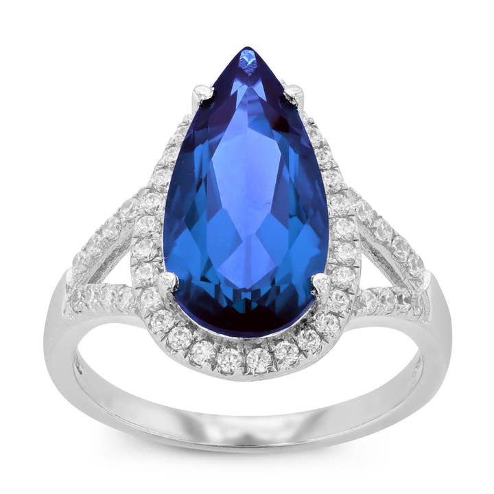 Bague en argent sterling en obsidienne bleue en forme de poire avec pavé CZs pour la vente par Luxe on Main LLC