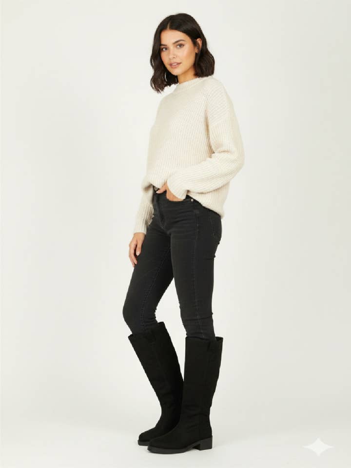 ZWART SUEDE Zwarte suède designer kniehoge platte laars voor groothandel op Faire0