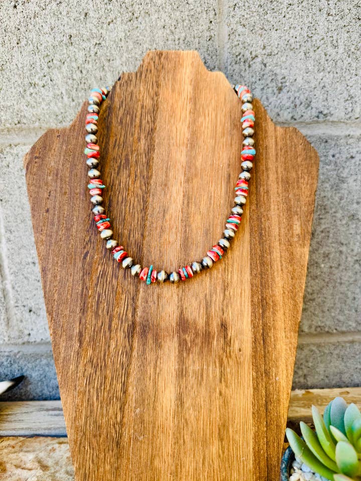 8MM Navajo Pearl Necklace With Spiny Oyster & Turquoise for wholesale by Wild Hancock Creations