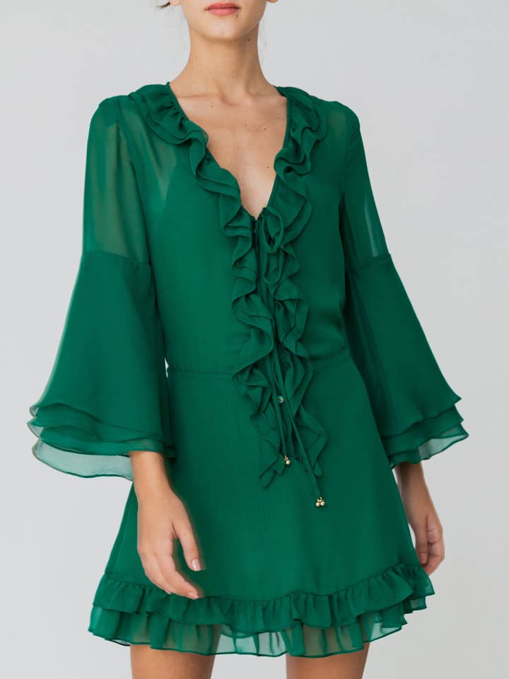 Mini vestido verde com babados por atacado de ANT WOMAN COLLECTION