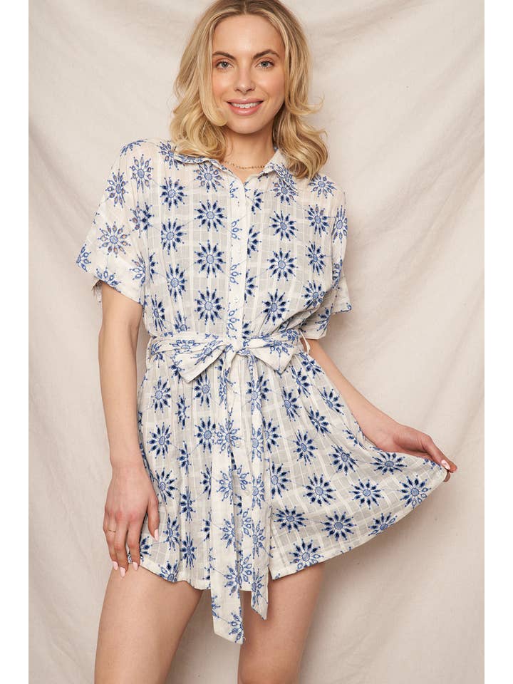 White Blue Eyelet Embroidered Button Down Mini Shirt Dress for wholesale on Faire