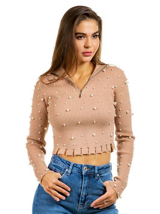 Strikket langærmet trøje med perledetalje for engroshandel hos Boswell