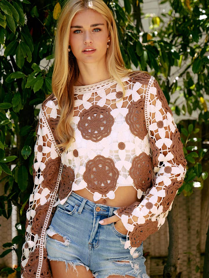 CREAM TAUPE Crochet Flower pattern Pullover for wholesale on Faire
